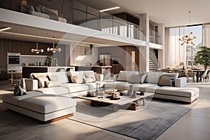 A luxurious modern home interior featuring a spacious open layout. Contemporary design. Generative AI