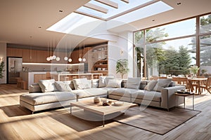 A luxurious modern home interior featuring a spacious open layout. Contemporary design. Generative AI