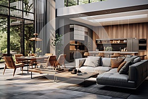 A luxurious modern home interior featuring a spacious open layout. Contemporary design. Generative AI