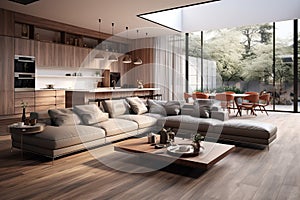 A luxurious modern home interior featuring a spacious open layout. Contemporary design. Generative AI