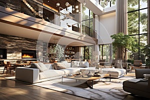 A luxurious modern home interior featuring a spacious open layout. Contemporary design. Generative AI