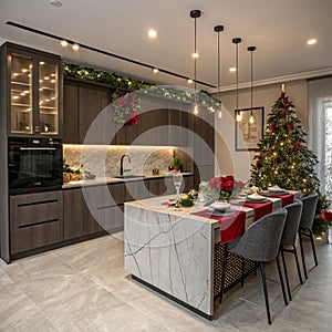 Modern kitchen interior with Christmas decor photo
