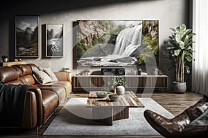 Luxurious Modern Living Room with Brown Leather Sofa