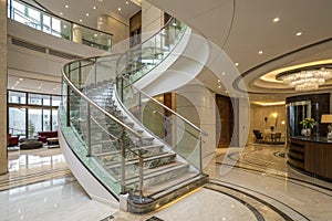 Spiral staircase in modern building 3D rendering