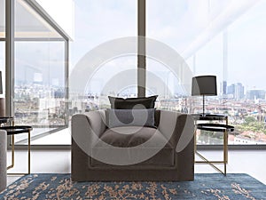 Luxurious modern and upholstered armchair by the window with side table and lamp