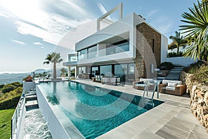 Luxurious modern white house with a large swimming pool under a cloudy blue sky, surrounded by various plants