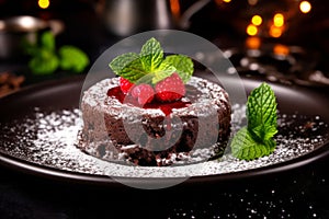 Luxurious molten cake adorned with raspberry and chocolate fondant served on a dish