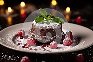 Luxurious molten cake adorned with raspberry and chocolate fondant served on a dish