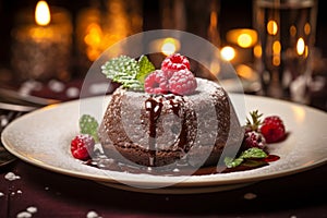 Luxurious molten cake adorned with raspberry and chocolate fondant served on a dish