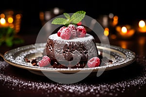 Luxurious molten cake adorned with raspberry and chocolate fondant served on a dish