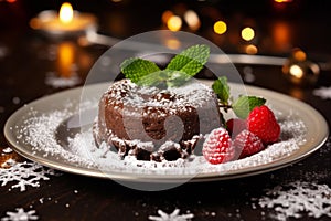 Luxurious molten cake adorned with raspberry and chocolate fondant served on a dish