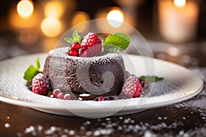 Luxurious molten cake adorned with raspberry and chocolate fondant served on a dish