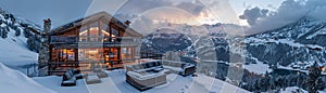 Luxurious mountaintop ski chalet with panoramic snowy views