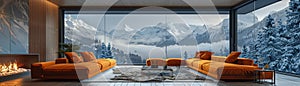 Luxurious mountaintop ski chalet with panoramic snowy views3D render