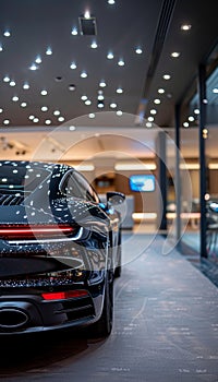 Luxurious new black car showcased in modern showroom for sale and rental business photo