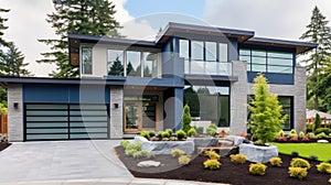 Luxurious new construction home in Bellevue, WA. Modern style home boasts two car garage framed by blue siding and natural stone