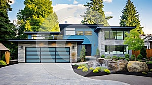 Luxurious new construction home in Bellevue, WA. Modern style home boasts two car garage framed by blue siding and natural stone