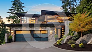 Luxurious new construction home in Bellevue, WA. Modern style home boasts two car garage framed by blue siding and natural stone