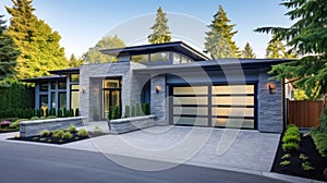 Luxurious new construction home in Bellevue, WA. Modern style home boasts two car garage framed by blue siding and natural stone