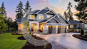 Luxurious new construction home exterior at sunset