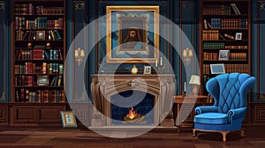 A luxurious old living room or library interior with a wooden bookcase, fireplace, leather armchair and artwork hanging