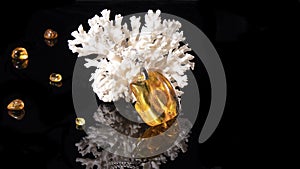 Luxurious old rich yellow-orange  Baltic amber pendant on a natural white coral on a black background with reflection.