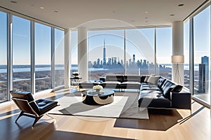 Luxurious Open Concept Living Room Bathed in Soft Natural Light - Expansive Windows Revealing a Sweeping Panorama