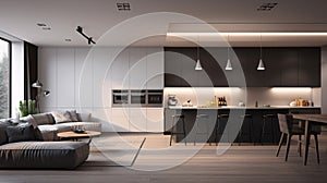 Luxurious open plan livingroom and kitchen interior design in modern contemporary style black and white colour. generative ai