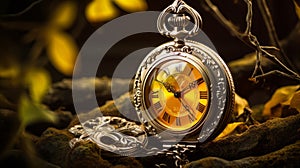 Luxurious Opulence: A Stunning Yellow Pocket Watch In An Autumn Fantasy Scene