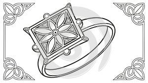 Luxurious Ornate Ring with Gemstone in Decorative Frame, vector design Generative AI