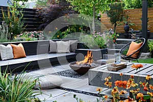 Luxurious outdoor patio with fire pit and cozy seating arrangement