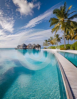 Luxurious overwater bungalows with infinity pool in tropical paradise