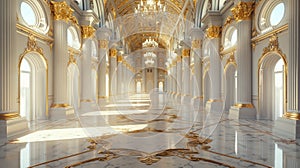 Luxurious palace hallway with gold columns, chandelier, and symmetrical design