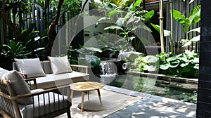 A luxurious patio with sleek furniture surrounded by lush greenery and a tranquil water feature offering a peaceful