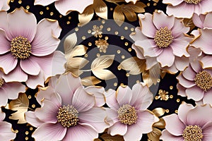 Luxurious pattern featuring pink flowers with golden accents and scattered golden particles against a dark background