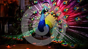 A luxurious peacock with colorful feathers and a lush tail.