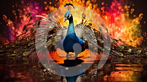 A luxurious peacock with colorful feathers and a lush tail.