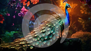 A luxurious peacock with colorful feathers and a lush tail.