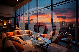The luxurious penthouse apartment was drenched in the orange glow of sunset streaming through its massive windows. AI Generated