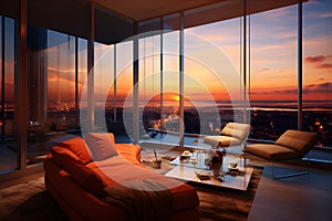 The luxurious penthouse apartment was drenched in the orange glow of sunset streaming through its massive windows. AI Generated