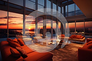 The luxurious penthouse apartment was drenched in the orange glow of sunset streaming through its massive windows. AI Generated