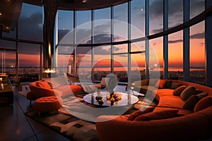 The luxurious penthouse apartment was drenched in the orange glow of sunset streaming through its massive windows. AI Generated