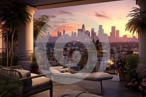 A luxurious penthouse balcony with a pool overlooking Los Angeles, showcasing the iconic skyline, palm trees, and a breathtaking