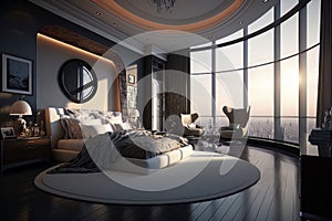 Luxurious penthouse bedroom with city view. Generative Ai