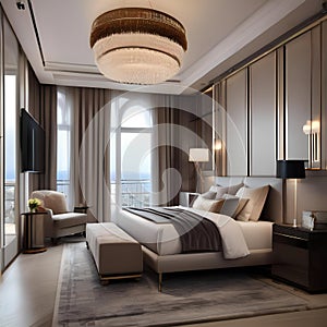 A luxurious penthouse bedroom with a panoramic view, a canopy bed, and plush furnishings3