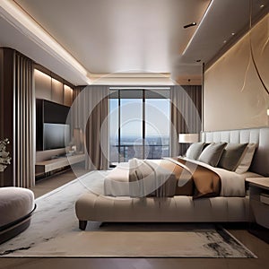 A luxurious penthouse bedroom with a panoramic view, a canopy bed, and plush furnishings5