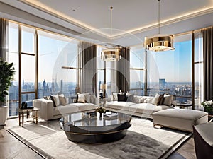 Luxurious Penthouse Living Room with Panoramic City Views and Gold Accented Modern Design photo