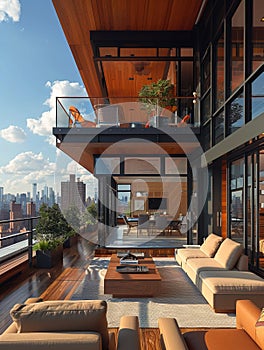 Luxurious penthouse suite with floor-to-ceiling windows modern decor