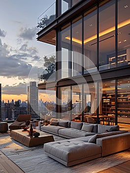 Luxurious penthouse suite with floor-to-ceiling windows modern decor