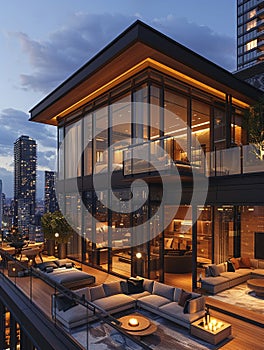 Luxurious penthouse suite with floor-to-ceiling windows modern decor